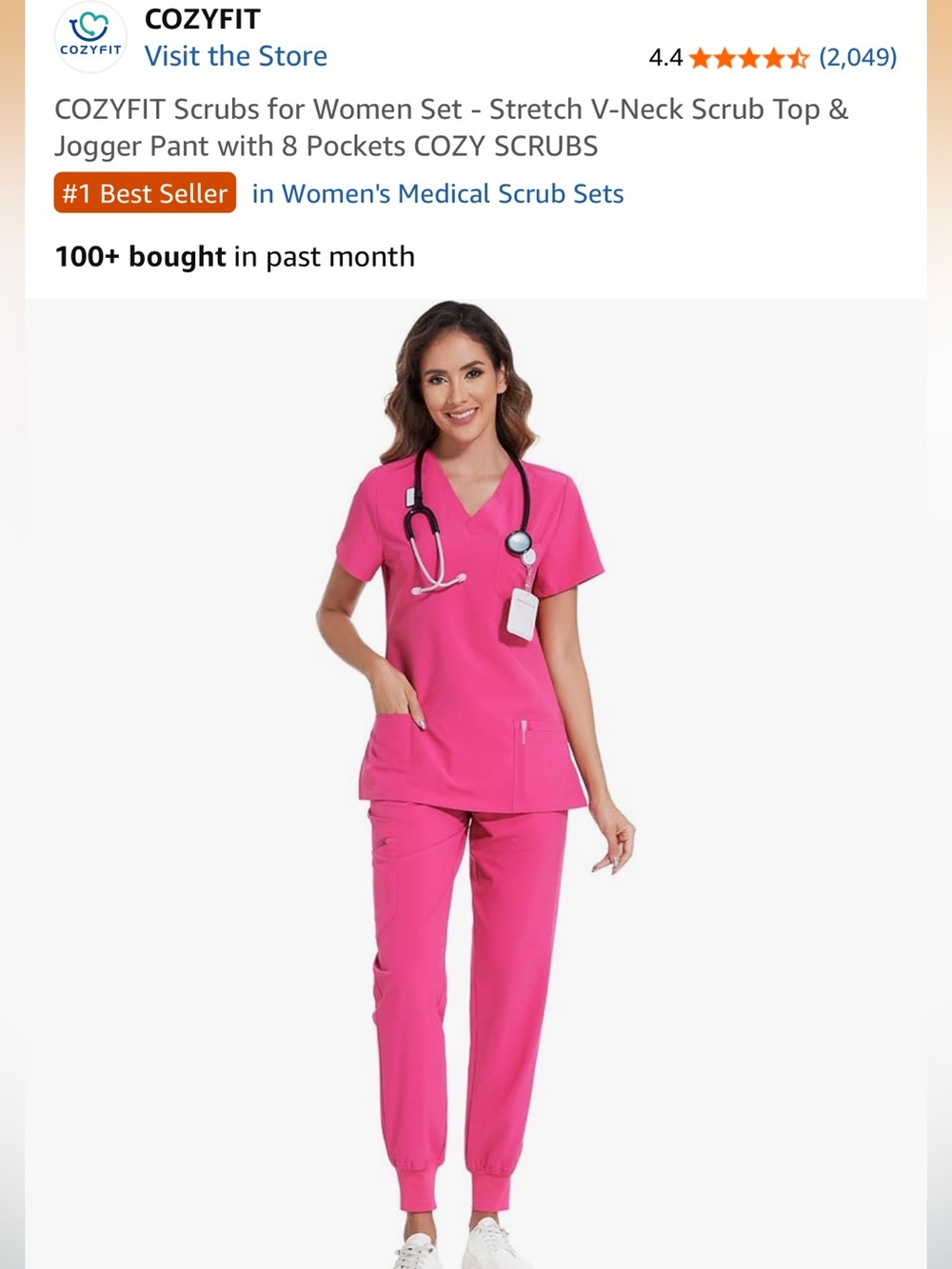 Bright Pink V-Neck Scrub Top and Jogger Pants